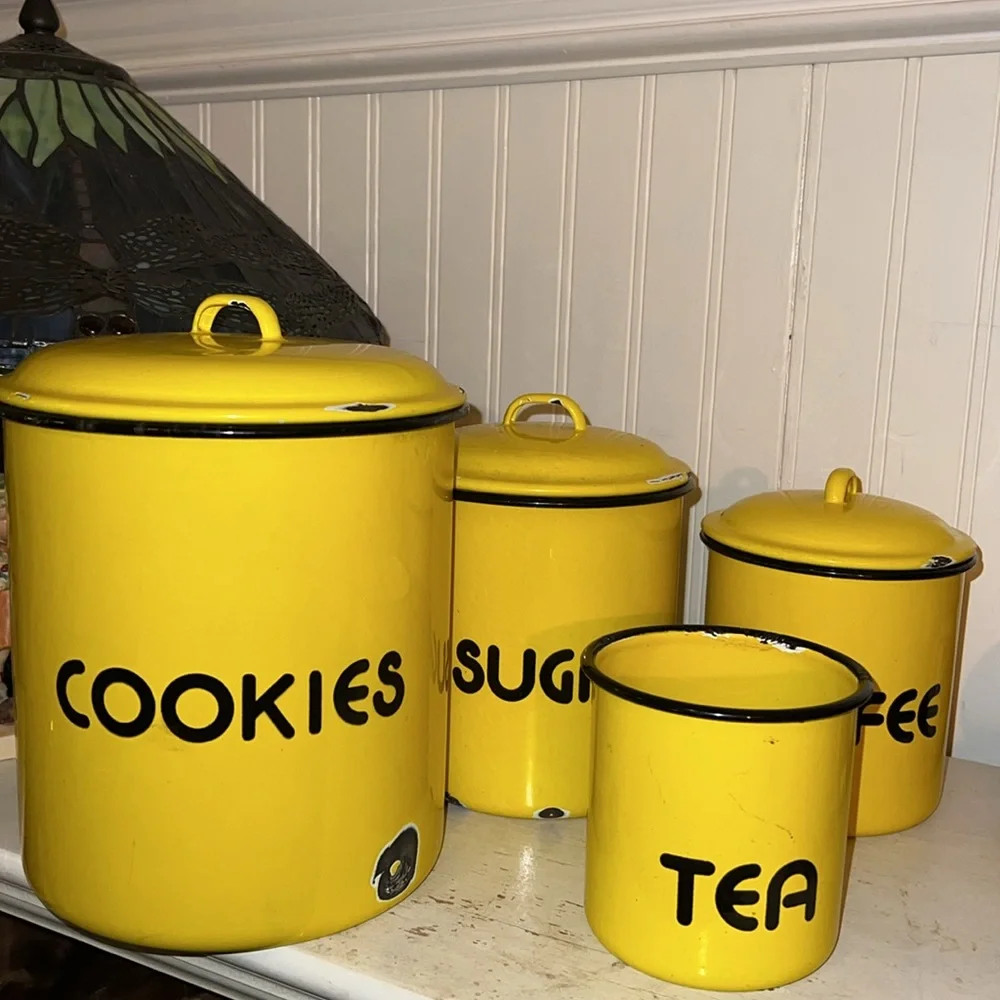 Vintage MCM Atomic yellow enamel ware kitchen canisters cookies coffee set